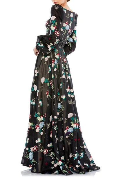 Shop Mac Duggal Floral Embroidered Long Sleeve Gown In Black Multi