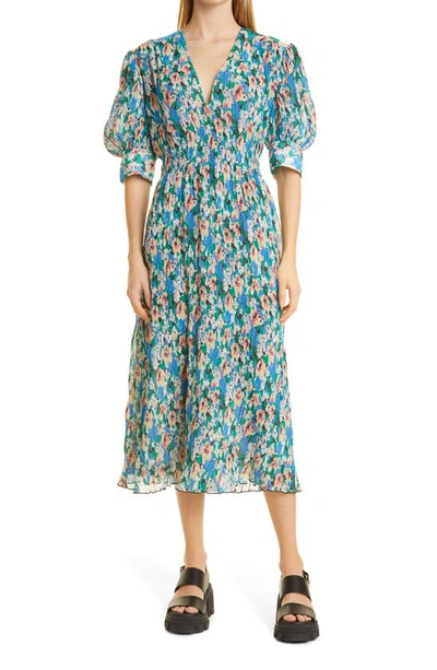 Ganni Floral-print Pleated Georgette Midi Dress In Floral Azure Blue |  ModeSens
