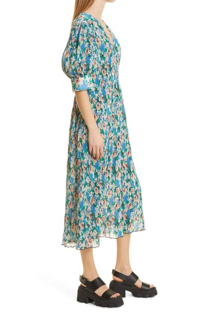 Shop Ganni Floral Print Smocked Plissé Georgette Midi Dress In Floral Azure Blue