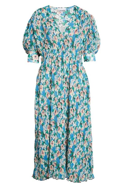 Shop Ganni Floral Print Smocked Plissé Georgette Midi Dress In Floral Azure Blue
