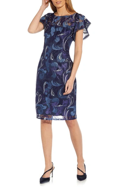 Shop Adrianna Papell Embroidered Flutter Sleeve Sheath Dress In Navy Multi