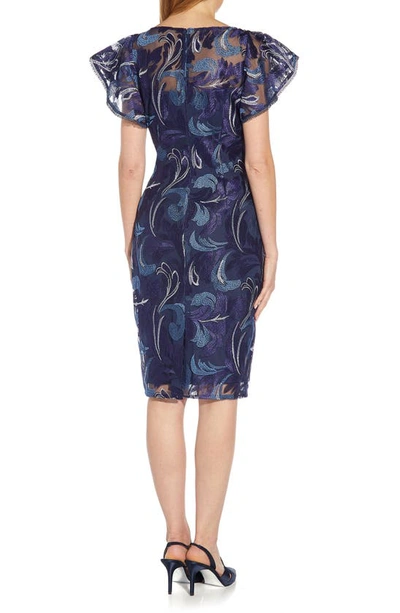 Shop Adrianna Papell Embroidered Flutter Sleeve Sheath Dress In Navy Multi