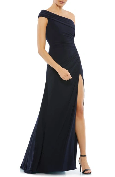 Shop Ieena For Mac Duggal Ruched One-shoulder Trumpet Gown In Navy