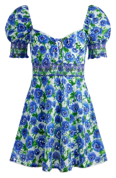 Shop Alice And Olivia Crawford Floral Eyelet Smocked Cotton Minidress In Perfect Pansy Multi