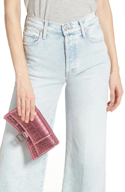 Shop Balenciaga Hourglass Croc Embossed Leather Wallet On A Chain In Pink