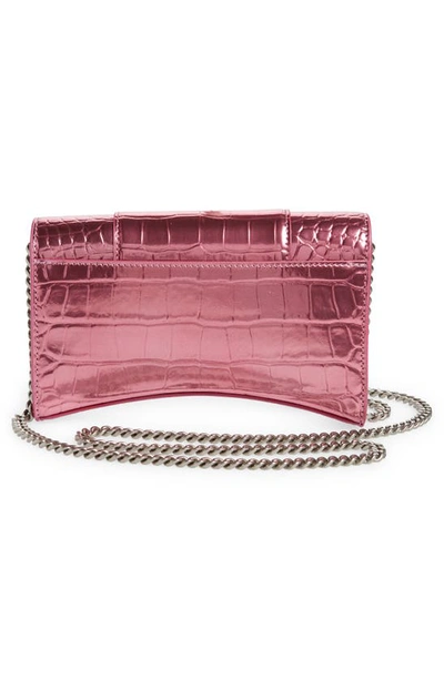 Shop Balenciaga Hourglass Croc Embossed Leather Wallet On A Chain In Pink