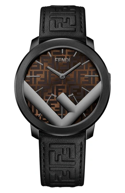 Shop Fendi Run Away Leather Strap Watch, 41mm In Black