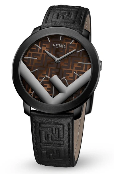 Shop Fendi Run Away Leather Strap Watch, 41mm In Black