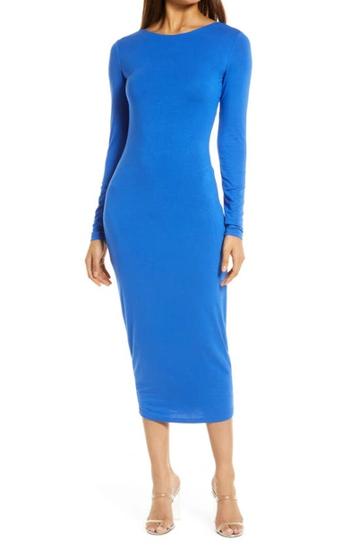 Shop Bebe Cutout Back Long Sleeve Midi Dress In Blue