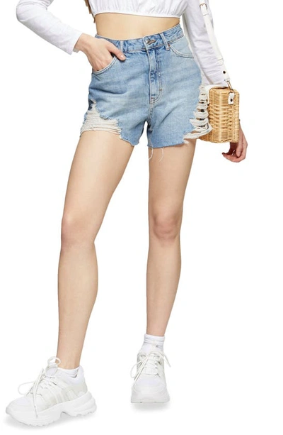 Shop Topshop Super Rip Denim Mom Shorts In Mid Denim