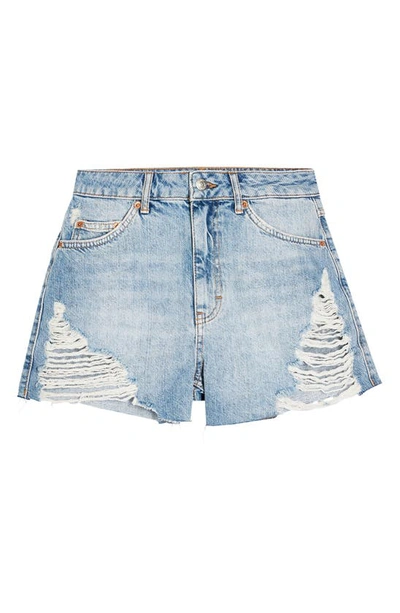 Shop Topshop Super Rip Denim Mom Shorts In Mid Denim