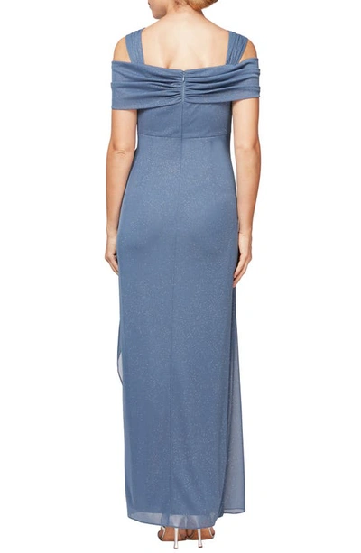 Shop Alex Evenings Cold Shoulder Ruffle Glitter Gown In Dusty Blue