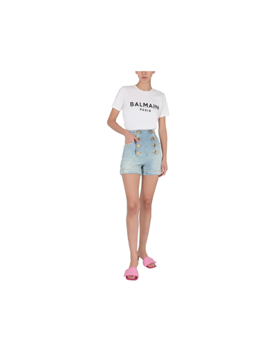 Shop Balmain Shorts With Logo Buttons In Denim