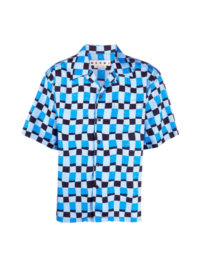 Shop Marni Bowling Shirt Cuban Collar W/squared Patch Pocket On The Front In Powder Blue
