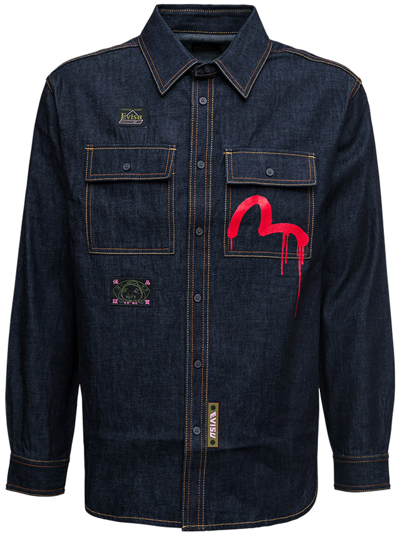 Shop Evisu X Sfera Ebbasta Denim Shirt With Logo In Blu