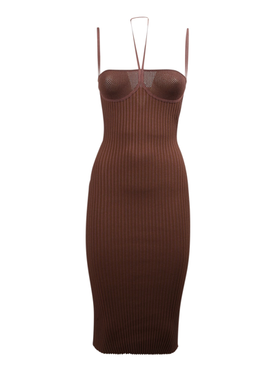 Shop Andrea Adamo Ribbed Knit Midi Dress In Brown