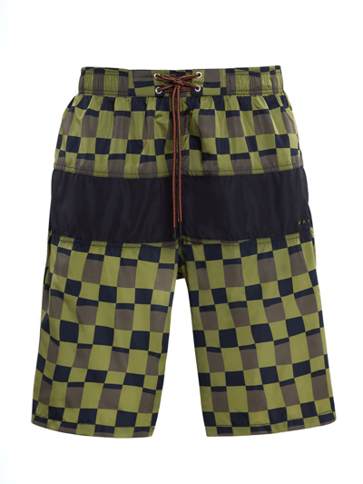 Shop Marni Swim Shorts In Iconic Damier Print Nylon In Verde+nero