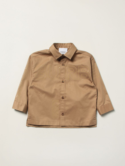 Shop Burberry Cotton Shirt With Logo In Beige