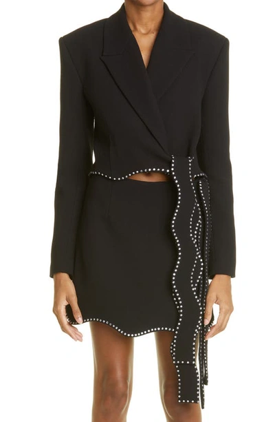 Mach&mach Crystal Trim Crop Wool Wrap Blazer In Black