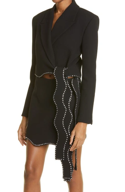 Mach&mach Crystal Trim Crop Wool Wrap Blazer In Black