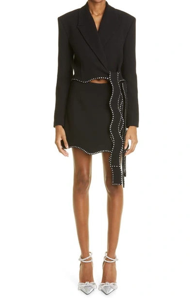 Mach&mach Crystal Trim Crop Wool Wrap Blazer In Black