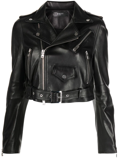 Shop Amiri Cropped Leather Jacket In Black