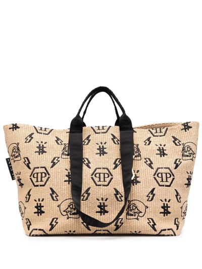 Shop Philipp Plein Monogram-motif Wicker Tote Bag In Neutrals