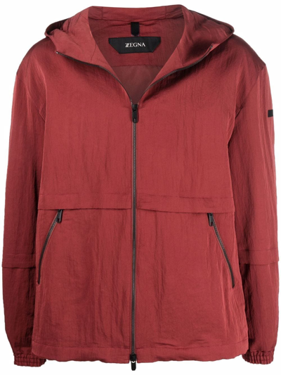 Shop Z Zegna Zipped-up Hooded Jacket In Red