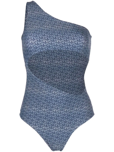 Shop Magda Butrym Monogram-print One-shoulder Swimsuit In Blue