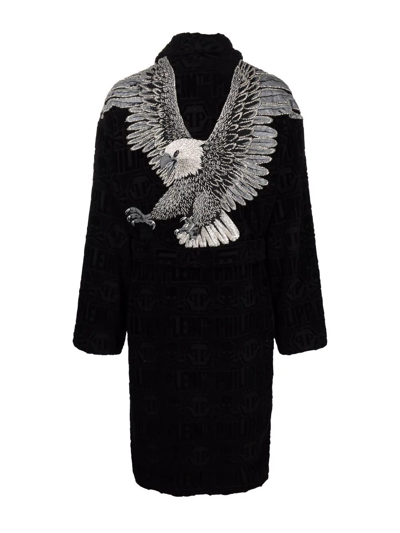 Shop Philipp Plein Beaded Eagle Bath Robe In Black