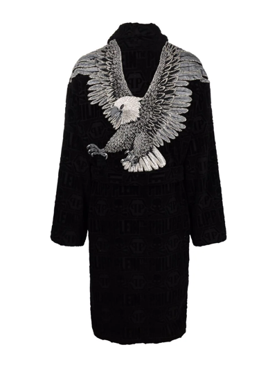 Philipp Plein Beaded Eagle Bath Robe In Black