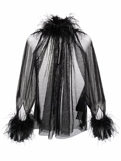Shop Styland Feather-trim Sheer Longline Blouse In Black