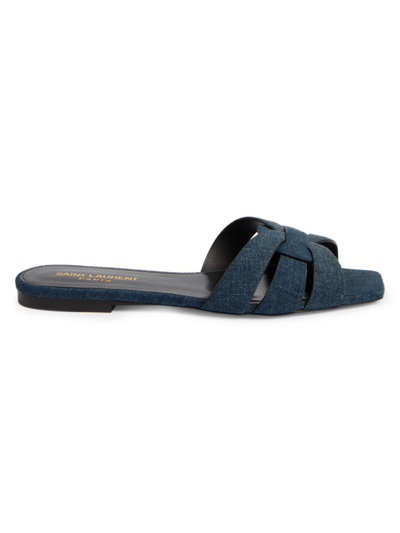 Shop Saint Laurent Women's Tribute Denim Slides In Deep Navy Jeans