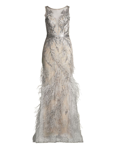 Shop Basix Women's Lace & Feather Trim Column Gown In Silver