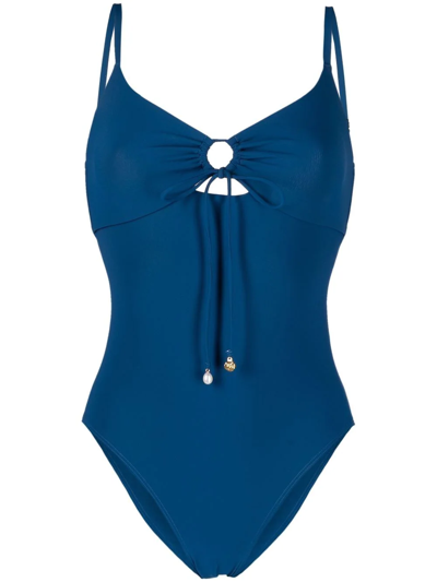 Shop Tory Burch Ruched Cut-out Swimsuit In Blau