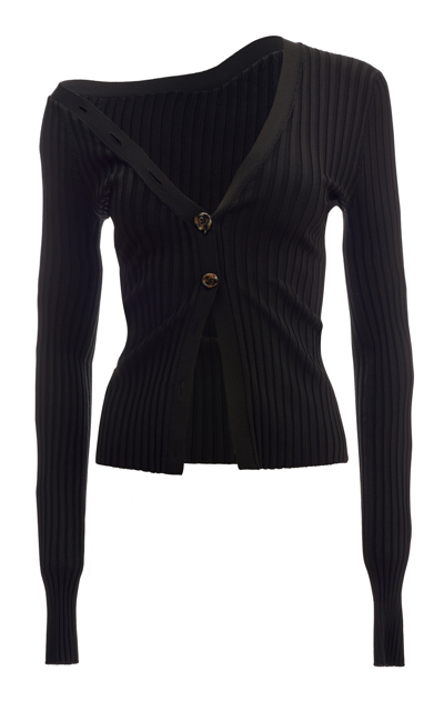 Shop A.w.a.k.e. Women's Asymmetric Ribbed-knit Cardigan In Black