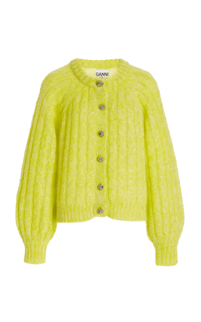Shop Ganni Women's Mohair-blend Cable-knit Cardigan In Green