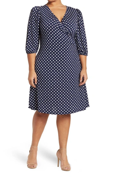 Shop By Design Amelia Side Ruched Surplice Dress In Navy/ White Polka Dot