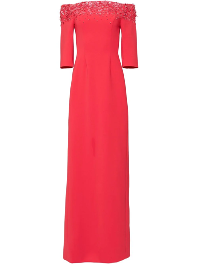 Shop Carolina Herrera Sequin-embellished Off-shoulder Dress In Red