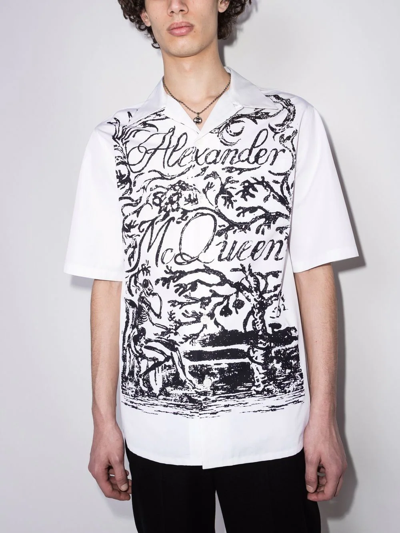 Alexander Mcqueen Blake Illustration Print Cotton Camp Shirt In White