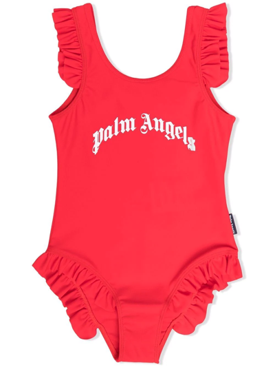 Shop Palm Angels Logo-print Ruffle-cuff Swimsuit In Red