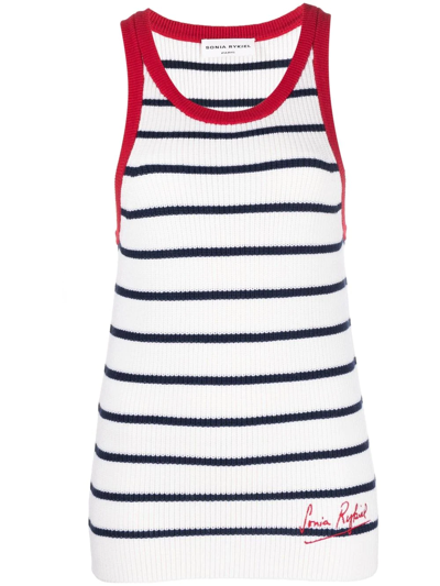 Shop Sonia Rykiel Embroidered-logo Striped Knitted Tank Top In White
