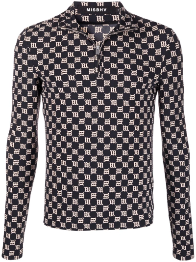 Misbhv Monogram Half-zip Longsleeve Black Lycra Long Sleeves T-shirt With Beige Monogram - Monogram Half-zi In Black