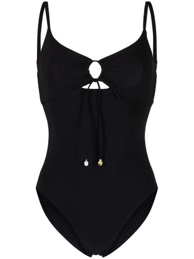 Shop Tory Burch Ruched Cut-out Swimsuit In Black