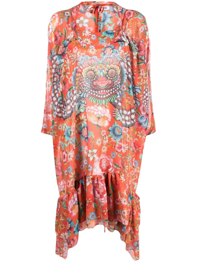 Shop Junya Watanabe Floral Print Layered Dress In Orange
