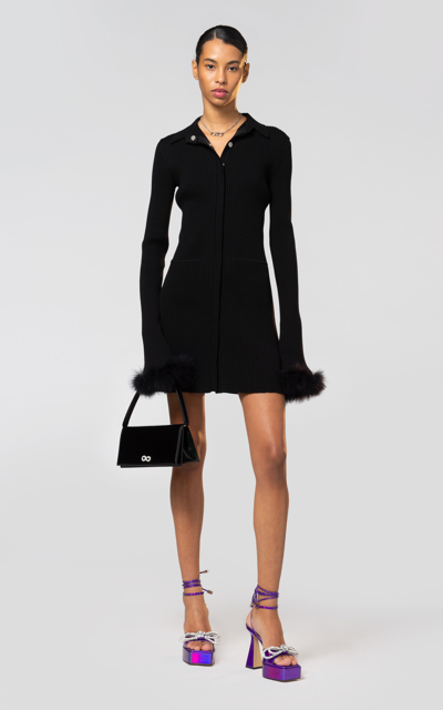 Mach & Mach Feather-trimmed Ribbed Knit Mini Dress In Black | ModeSens