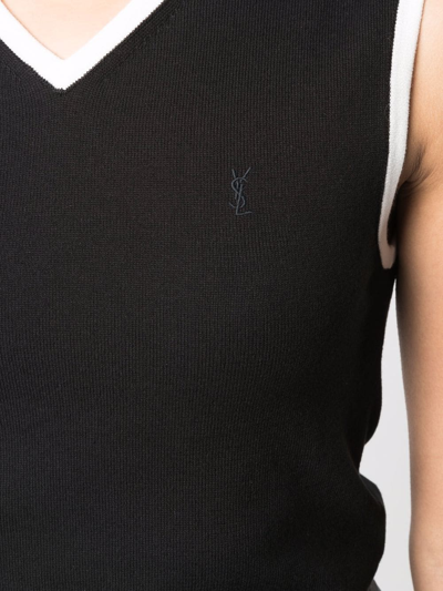 Shop Saint Laurent Knitted Sleeveless Cotton Polo Top In Schwarz