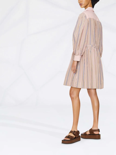 Shop See By Chloé Striped Puff-sleeve Cotton Shirt Dress In Nude