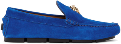 Shop Versace Blue Suede 'la Medusa' Loafers In 1u82v Sapphire Oro V