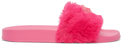 Shop Versace Pink Fleece 'la Medusa' Slides In 1p660 Fuxia-fuxia